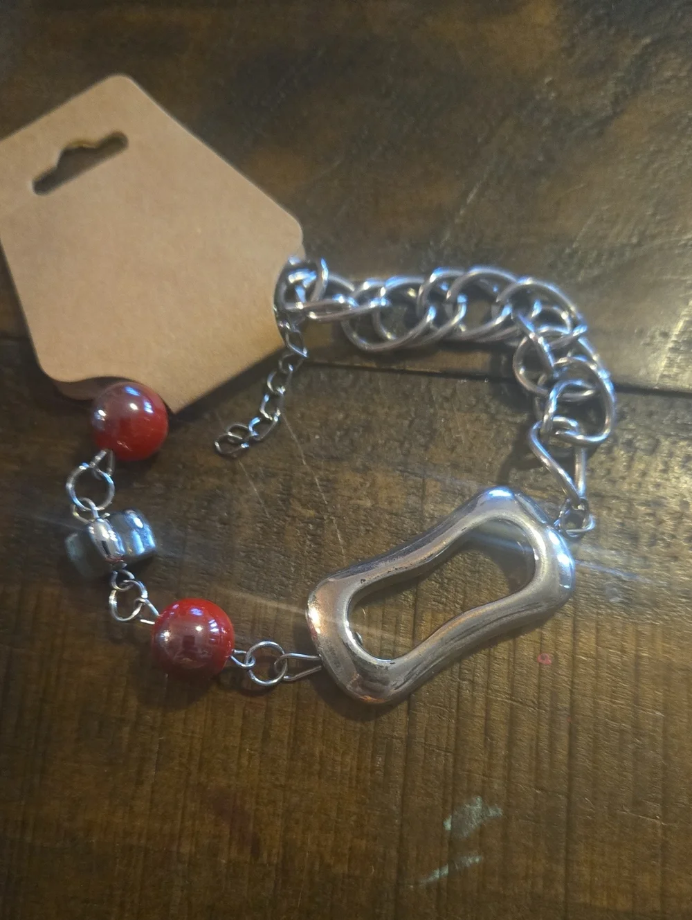 Silver Chain Bracelet with Red Beads